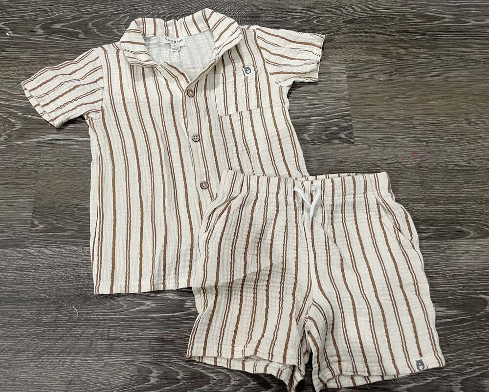 Size 4 Toddler Rabbit & Bear Organic Striped Linen Top & Shorts Set